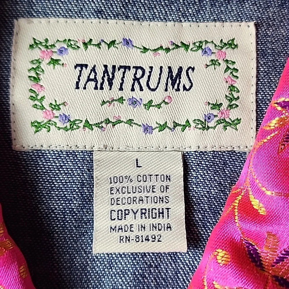 TANTRUMS | Vintage Bright Dopamine Floral Ribbon Embroidered Denim Jacket | L - Picture 9 of 12